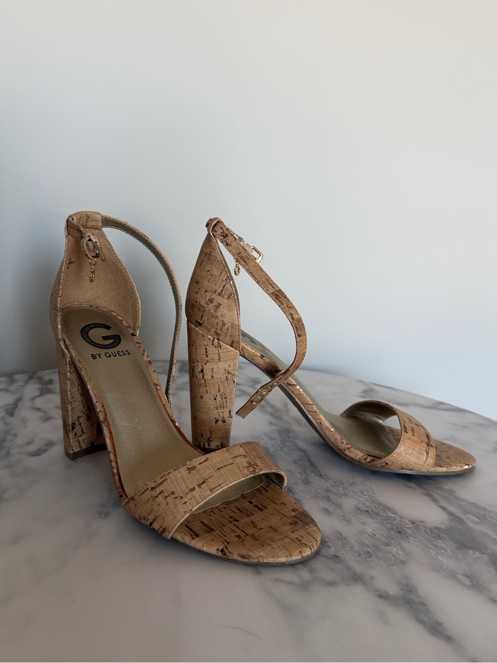 G by Guess Cork-Textured Tan Block Heel Sandals